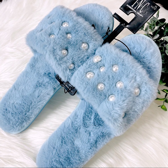 INC International Concepts Shoes - INC COZY open toe PLUSH slippers FUZZY fur PEARL EMBELLISHED Single Strap 11 12